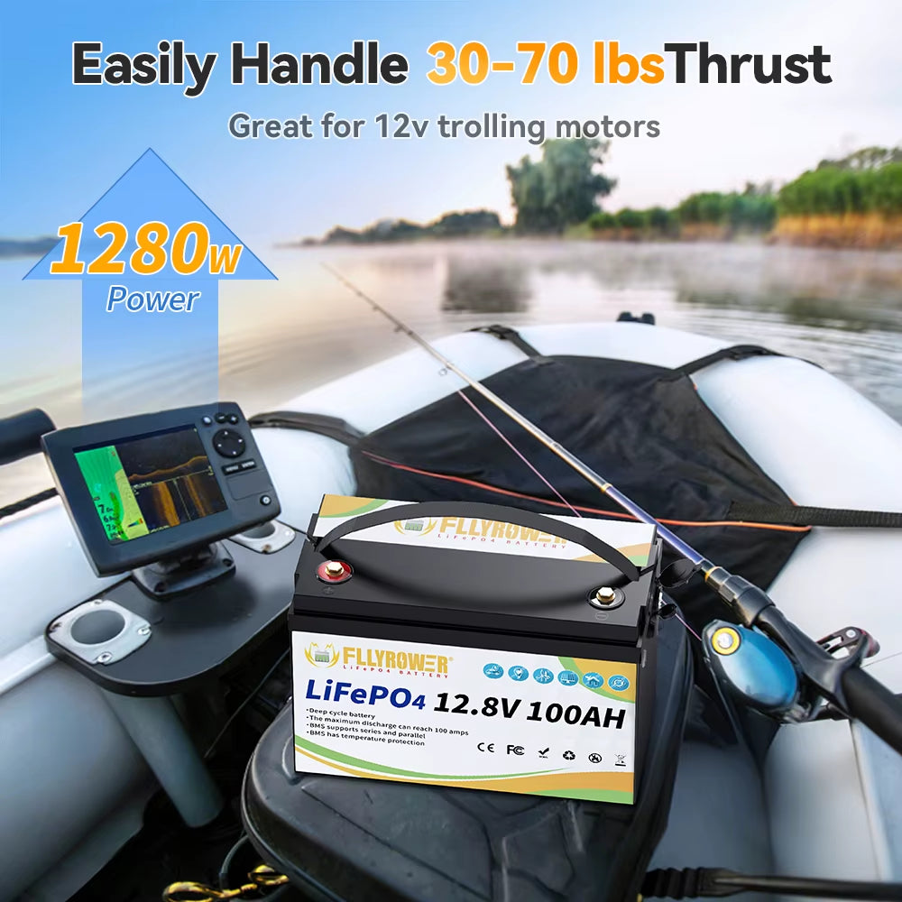 FLLYROWER 12V 100Ah Lifepo4 Lithium Battery Pack with Charger BMS100A for Inverter Solar Off-Road Off-Grid Solar Energy Cycle