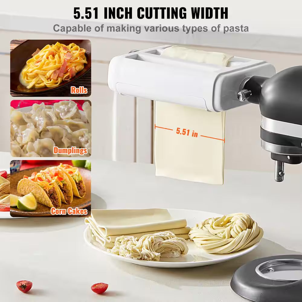 3-In-1 Stainless Steel Pasta Roller Cutter Attachment for Kitchen Aid Stand Mixer Set 8 Adjustable Thickness Knob