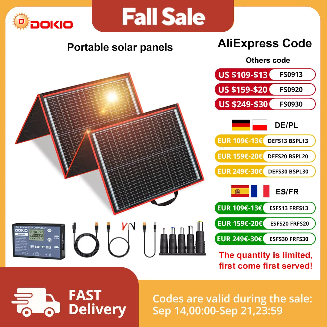 DOKIO 18V 150W Flexible Foldble Solar Panel Charge Mobile Phone USB Charge 12V Outdoor Solar Panels for Camping/Boats/Home