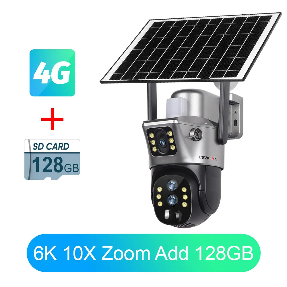 LS VISION Solar Camera 4G Sim Outdoor Dual Lens Wifi 8MP 4K IP Camara Solar Panel CCTV Security Built in Battery PIR Cam V380