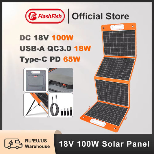FF Flashfish 18V 100W Foldable Solar Panel Portable Solar Charger DC Output PD Type-C QC3.0 for Phones Tablet Camping RV Trip