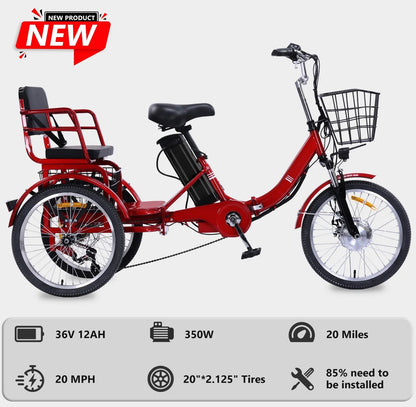 Electric Tricycle for Adults Folding Electric Trike 3 Wheel Electric Trike with Two-Seater Large Basket Super Powerful Brushless 350W Motor 36V12AH Lithium Battery Max 20MPH E-Tricycle Red