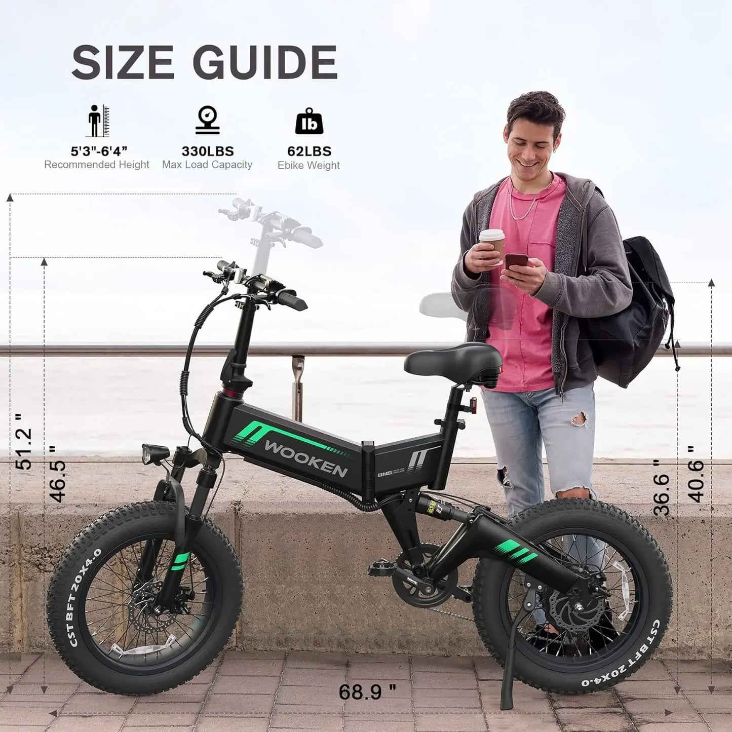 20Electric Bike for Adults 500W Brushless Motor (Peak 750W), 20MPH Fat Tire Ebike, Foldable Adult Electric Bicycles