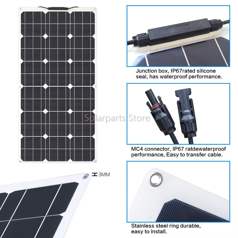 200 Watt Solar Panel Kit 12V / 24V 20A Charge Controller Extension Cable 200W Flexible Solar Panels Module for Battery Charger