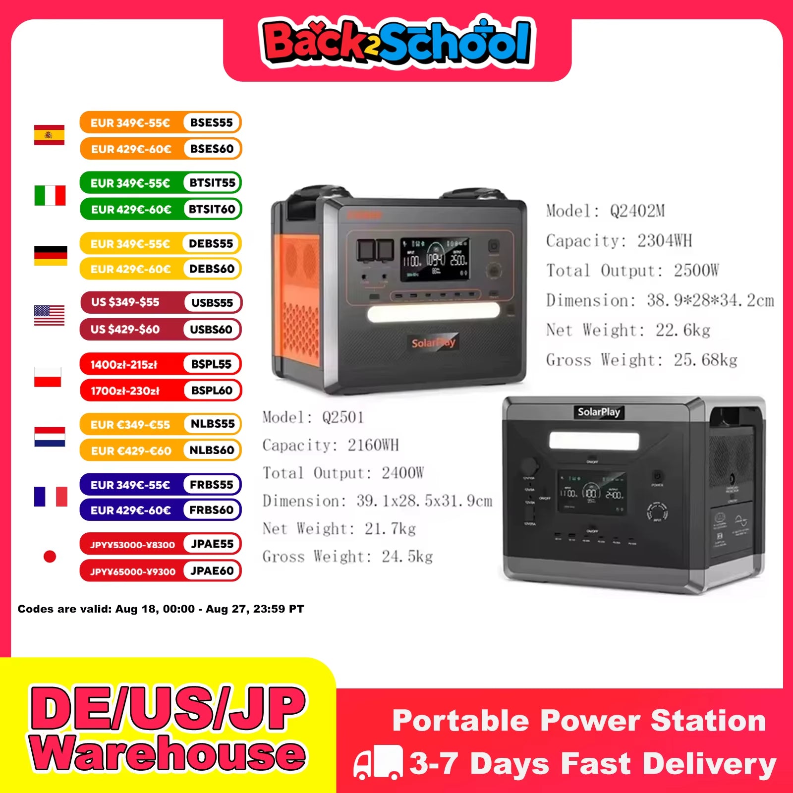 SOLARPLAY Q2501 Q2402M Portable Power Station 2160WH 2304WH Lifepo4 Battery with 2400W/2500W (4800W Peak) Solar Generator