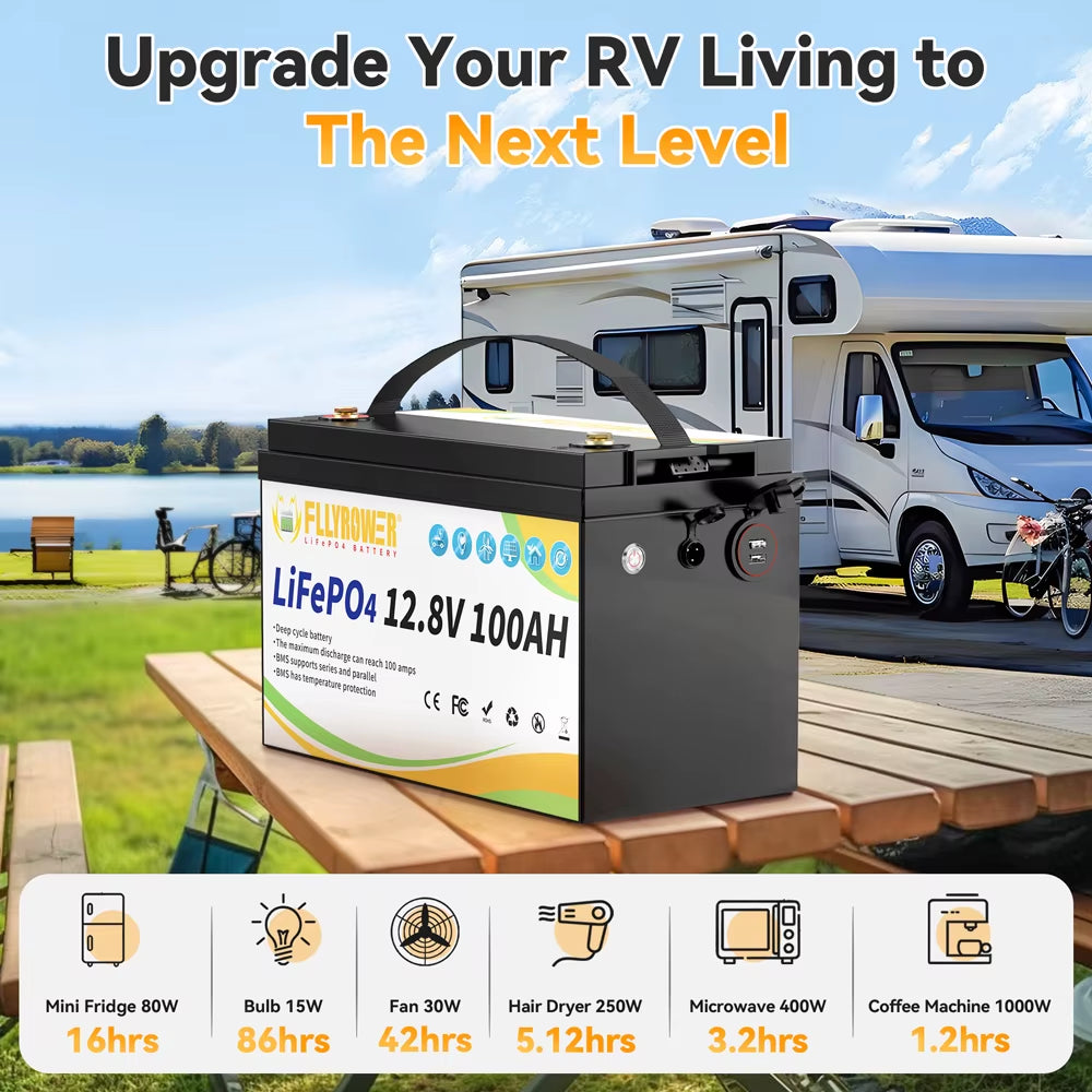 FLLYROWER 12V 100Ah Lifepo4 Lithium Battery Pack with Charger BMS100A for Inverter Solar Off-Road Off-Grid Solar Energy Cycle