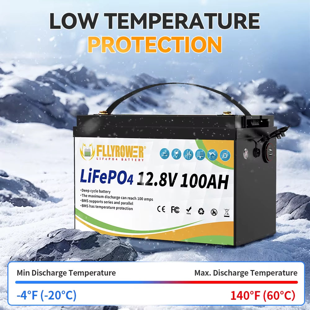 FLLYROWER 12V 100Ah Lifepo4 Lithium Battery Pack with Charger BMS100A for Inverter Solar Off-Road Off-Grid Solar Energy Cycle