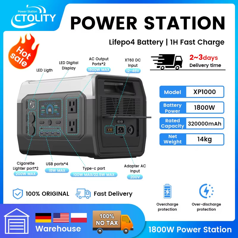 Ctolity XP1000 1800W Portable Power Station 1024Wh Lifep04 Battery Solar Generator Solar for Camping UPS Function Pure Sine Wave