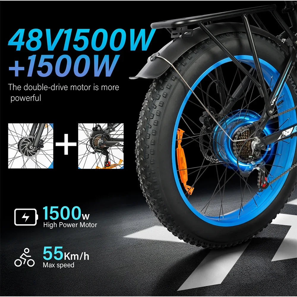 Mankeel DP-2603 Electric Bike 3000W Dual Motor 48V 25Ah Removable Battery 26" Off-Road Fat Tyre Electric Bicycles for Adult