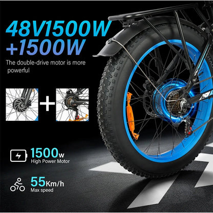 Mankeel DP-2603 Electric Bike 3000W Dual Motor 48V 25Ah Removable Battery 26" Off-Road Fat Tyre Electric Bicycles for Adult