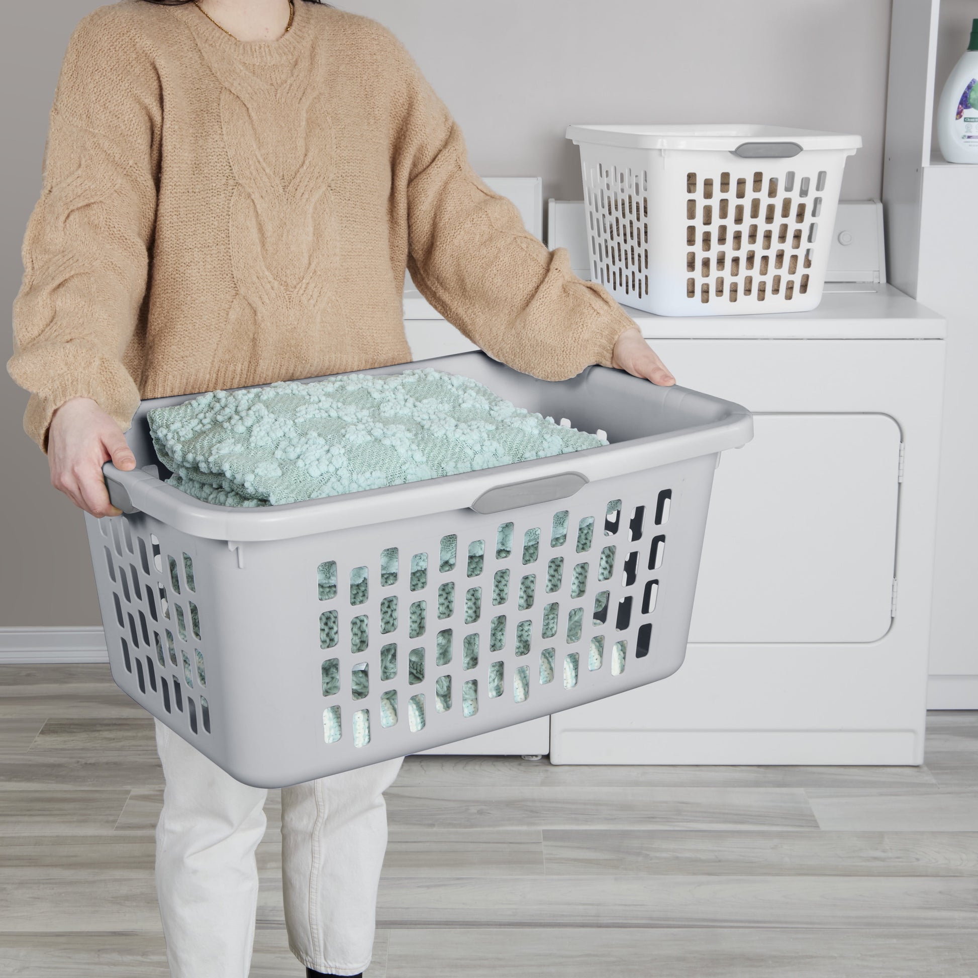 Sterilite Plastic Laundry Basket, Large Rectangle, Comfort Grip Handles, Breathable, Gray