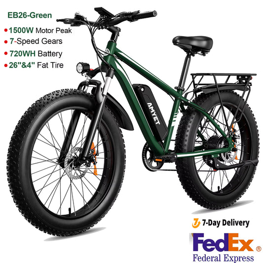 AMYET Electric Bike EB26 Blue Adults Electric Bicycle 31Mph Peak 1500W 720WH Ebike 26" Fat Tire Mountain Bike Electric Dirt Bike