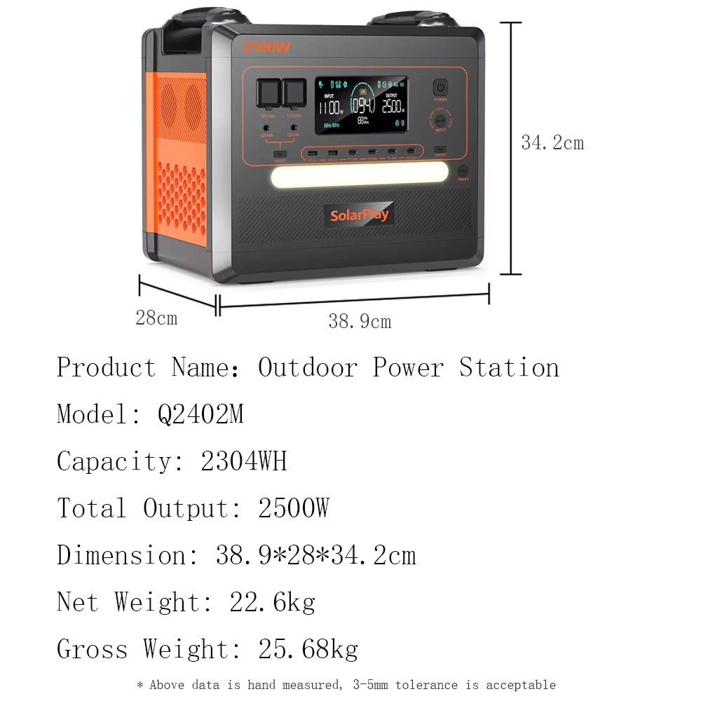 SOLARPLAY Q2501 Q2402M Portable Power Station 2160WH 2304WH Lifepo4 Battery with 2400W/2500W (4800W Peak) Solar Generator