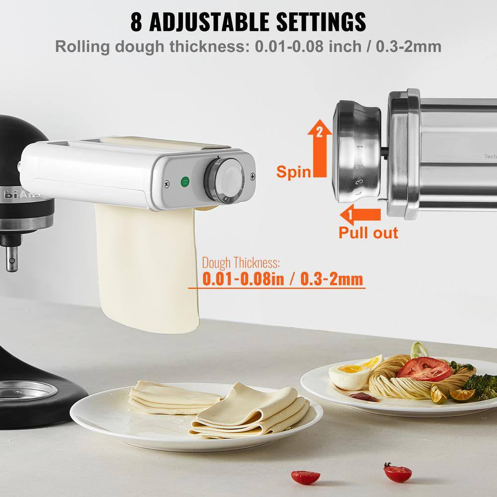 3-In-1 Stainless Steel Pasta Roller Cutter Attachment for Kitchen Aid Stand Mixer Set 8 Adjustable Thickness Knob