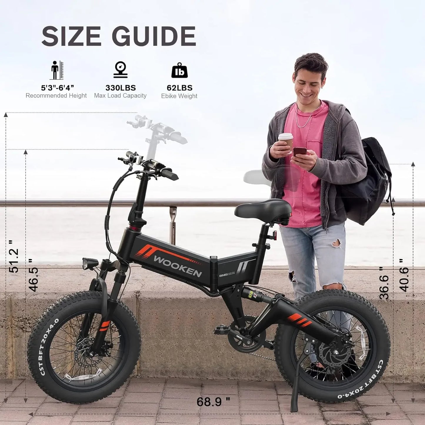 20Electric Bike for Adults 500W Brushless Motor (Peak 750W), 20MPH Fat Tire Ebike, Foldable Adult Electric Bicycles