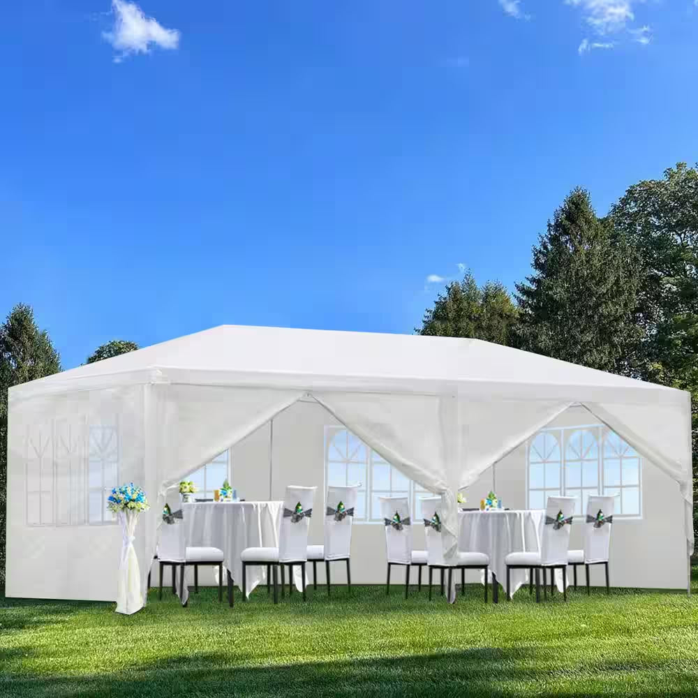 10 Ft. X 20 Ft. White Pop-Up Canopy Wedding Party Canopy Tent Outdoor Gazebo with 6-Removable Sidewalls