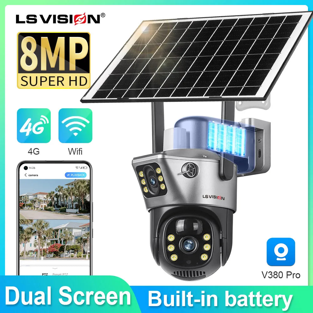 LS VISION Solar Camera 4G Sim Outdoor Dual Lens Wifi 8MP 4K IP Camara Solar Panel CCTV Security Built in Battery PIR Cam V380