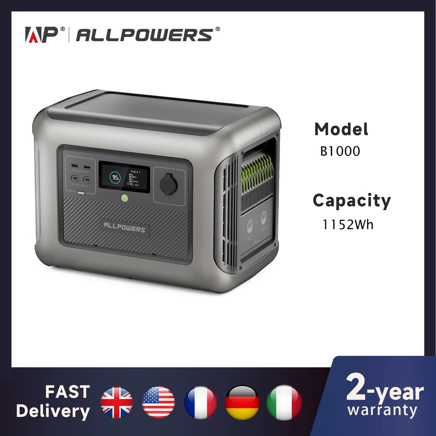 ALLPOWERS Portable Power Station Battery B1000 1152Wh Lifepo4 Batteries 1152Wh Extra Battery with Solar Generator for Outdoor