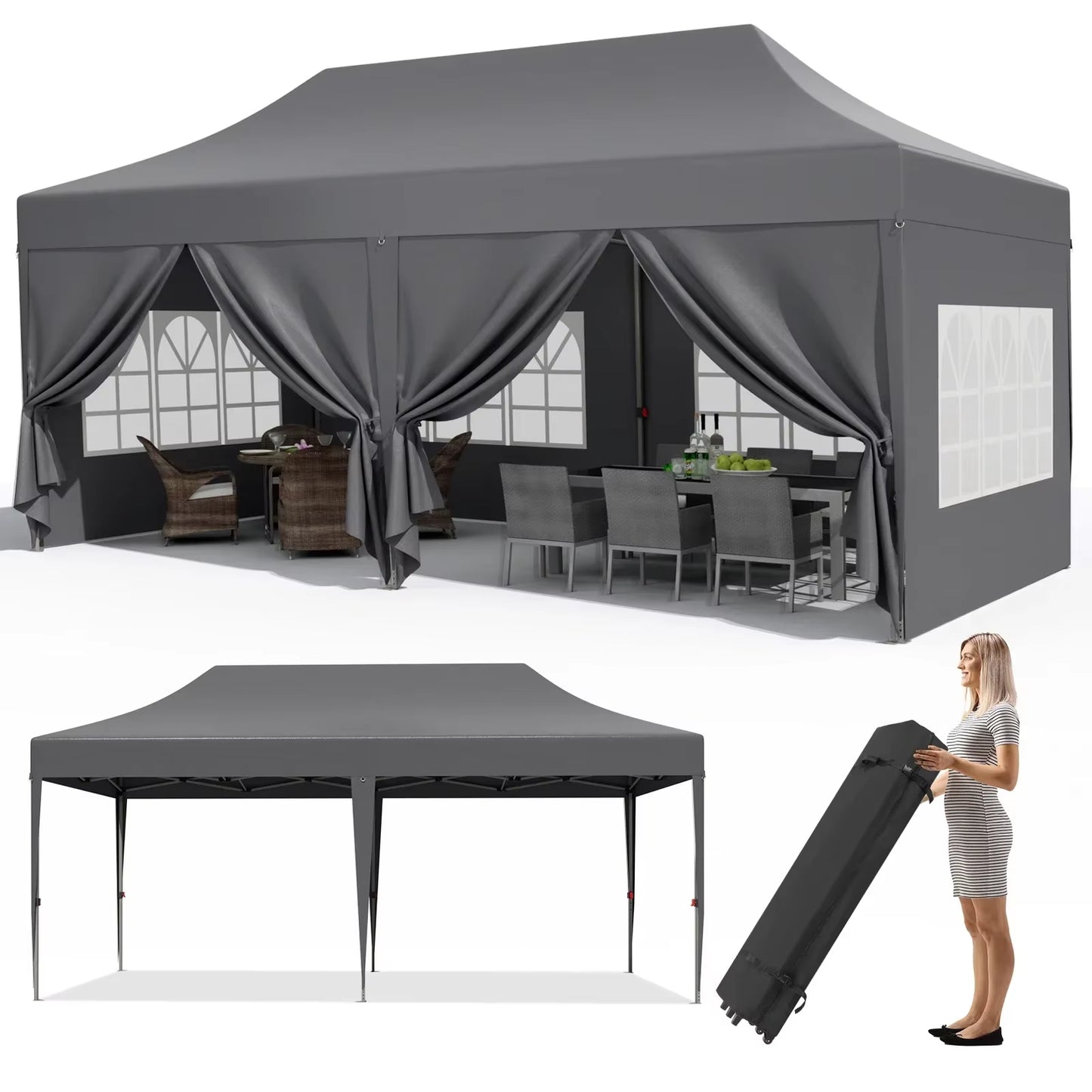 Pavilion Popup Gazebo 3X6M Waterproof Folding Gazebo Tent Party Tent 6 Side Panels Fully Enclosed UV 50+ Height Adjustable 2-3M