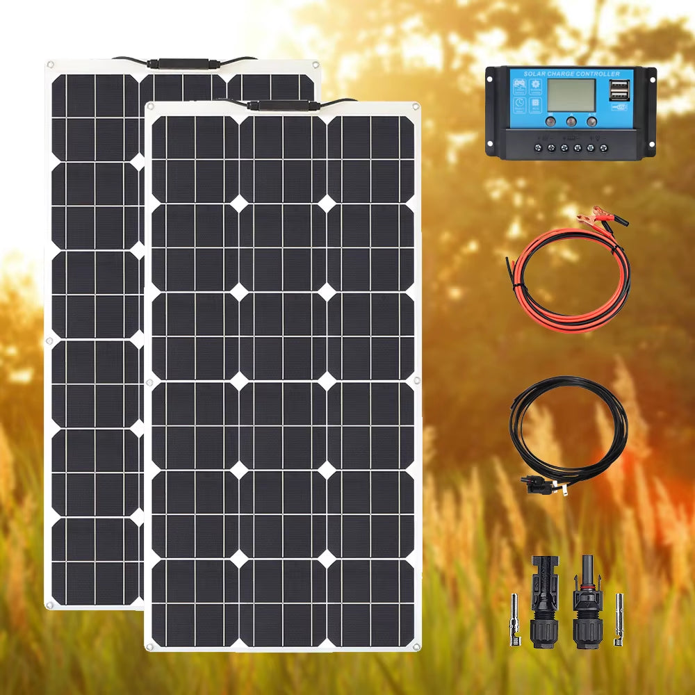 200 Watt Solar Panel Kit 12V / 24V 20A Charge Controller Extension Cable 200W Flexible Solar Panels Module for Battery Charger