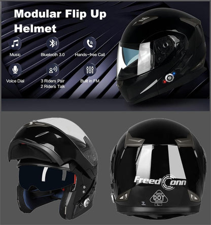 Freedconn BM2-S Bluetooth Motorcycle Helmet, Flip-Up Modular Motorbike Helmet, 500M Connectivity for 2-3 Riders, Voice Dial, Hands-Free Call, MP3, FM, DOT Certified (Medium, Gloss Black)