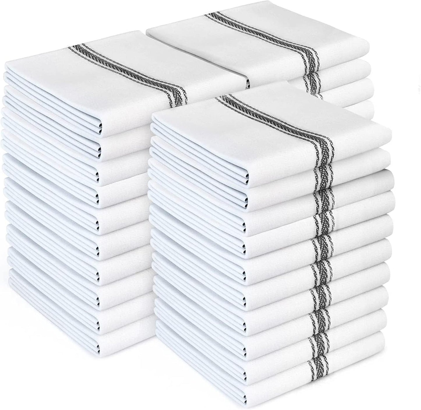 Zeppoli Classic Kitchen Towels - 30 Pack 100% Natural Cotton Towel Set, Reusable Wash Cloths, Absorbent Dish Towels, Machine Washable Hand Towels, Kitchen Essentials, 14” by 25”, Black Striped