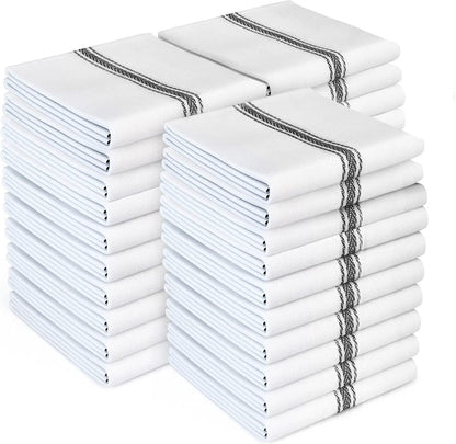 Zeppoli Classic Kitchen Towels - 30 Pack 100% Natural Cotton Towel Set, Reusable Wash Cloths, Absorbent Dish Towels, Machine Washable Hand Towels, Kitchen Essentials, 14” by 25”, Black Striped