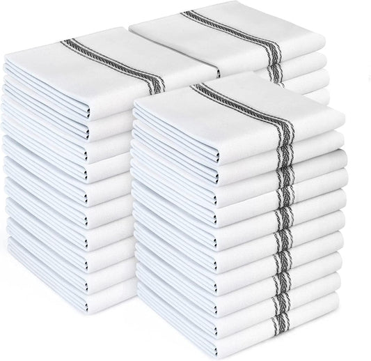 Zeppoli Classic Kitchen Towels - 30 Pack 100% Natural Cotton Towel Set, Reusable Wash Cloths, Absorbent Dish Towels, Machine Washable Hand Towels, Kitchen Essentials, 14” by 25”, Black Striped