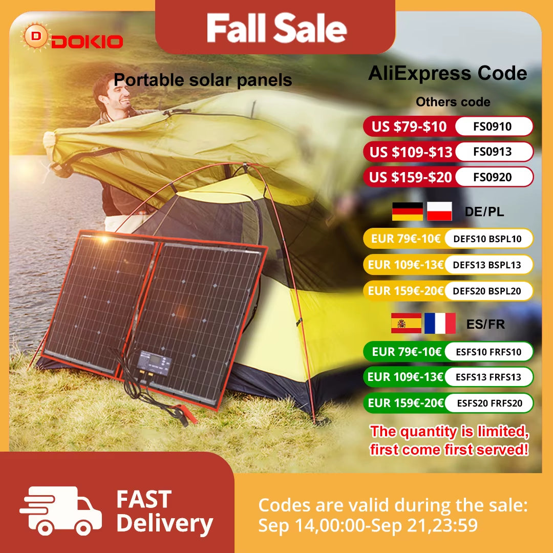 Dokio 18V 97W 150W 195W 295W Portable Foldable Solar Panel with 12V Controller Flexible Solar Panel for House Camping Travel