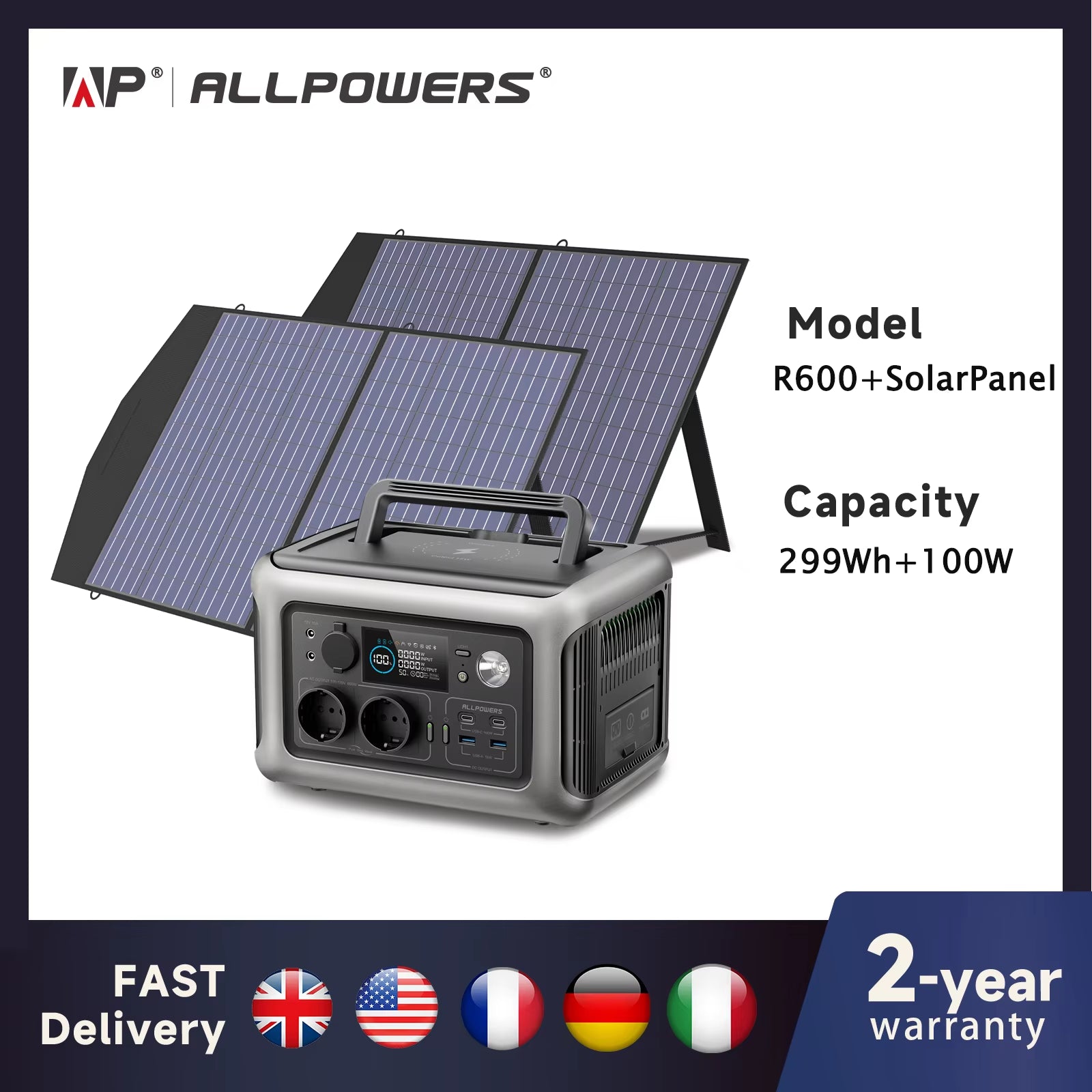 ALLPOWERS Solarpanel 100W 140W 200W Solar Energy Charger with Lifepo4 Battery 299Wh 600W Portable Power Station for Camping RV